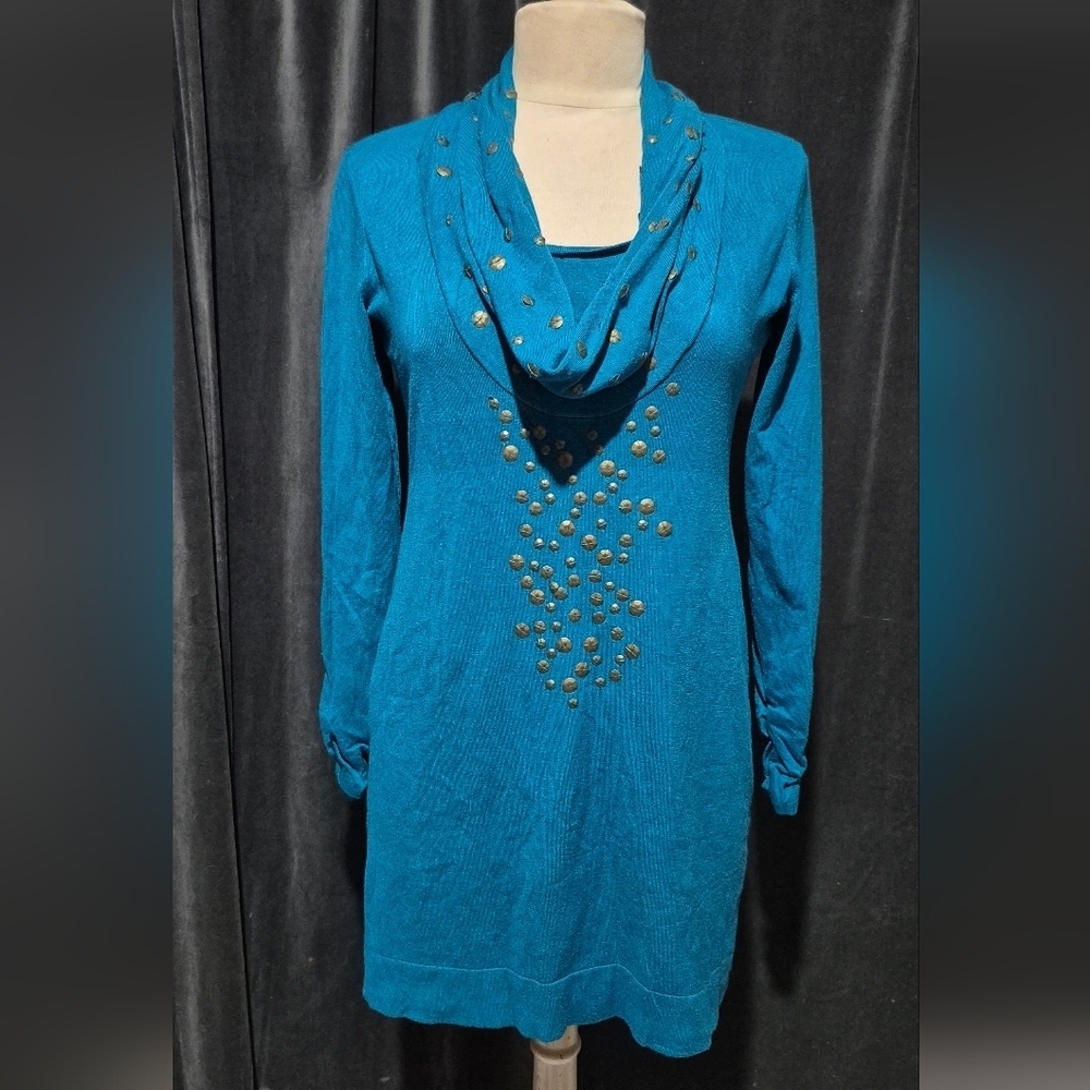 Teal Long Sleeve Dress with Gold Accents - Picture 1 of 3